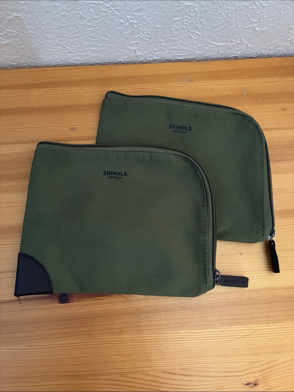 Shinola Detroit Olive Leather Trimmed Green Canvas Clutch Pouch Lot of 2 Bags